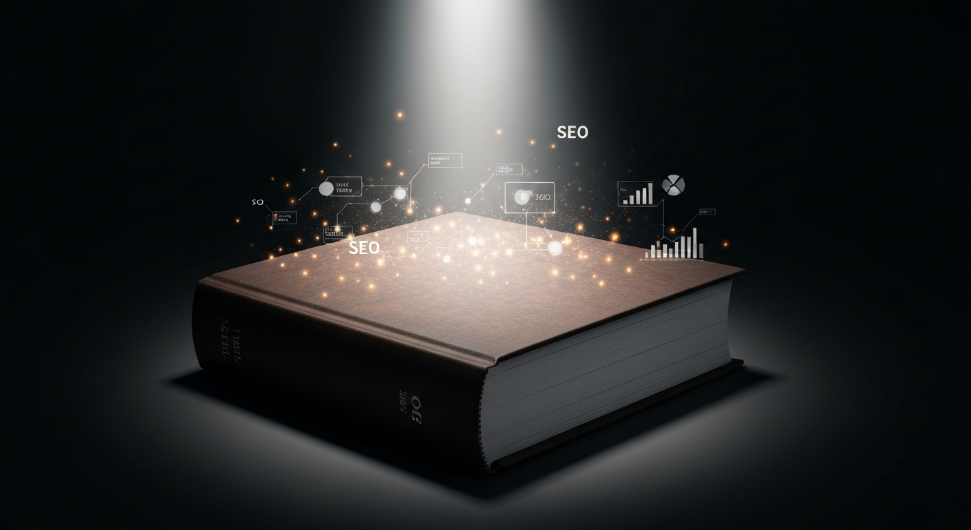Premium hardcover law firm SEO book dramatically lit with abstract data visualizations floating around it