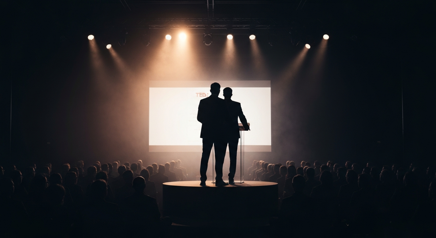 Professional speaker silhouette at conference podium with dramatic stage lighting and audience, law firm marketing conference