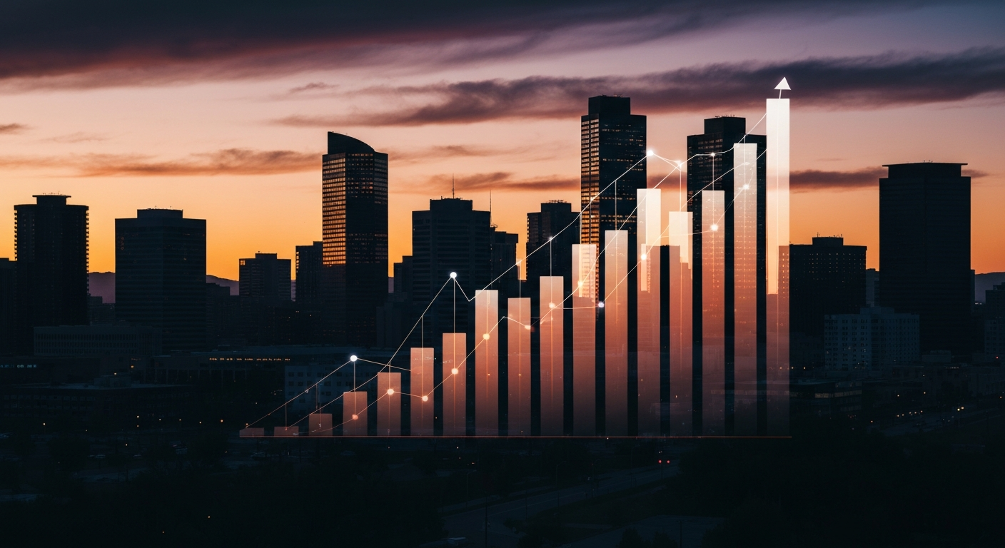 Denver Colorado skyline at dramatic dusk with digital SEO ranking visualization ascending above city buildings