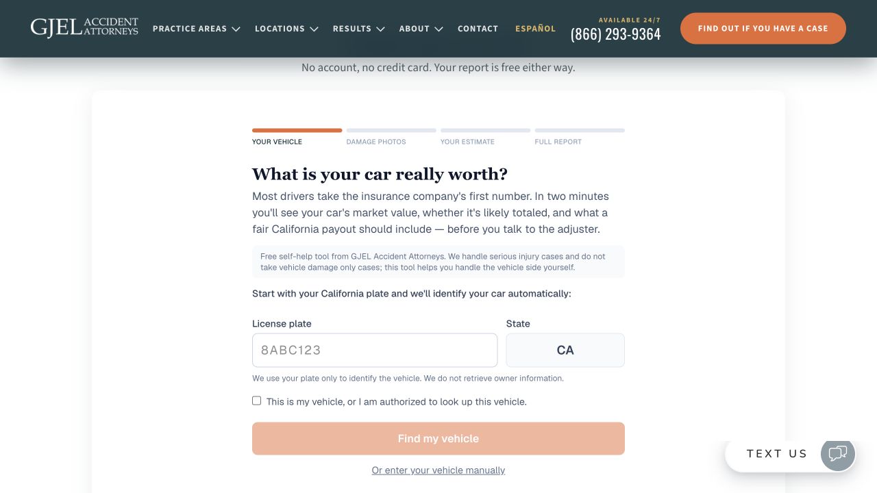 GJEL's total-loss calculator showing the California vehicle-entry screen
