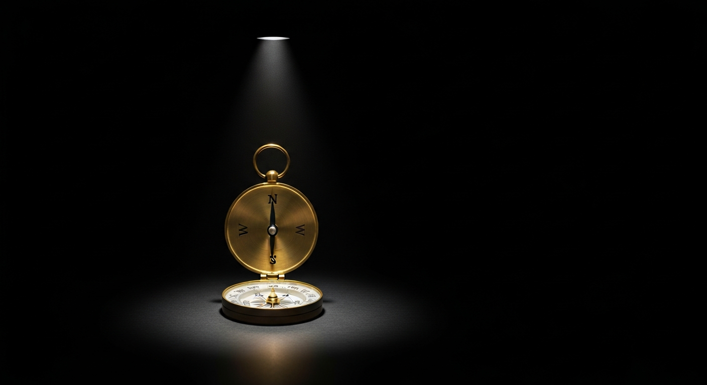 Single vintage compass dramatically lit on dark background symbolizing ethical direction in SEO consulting
