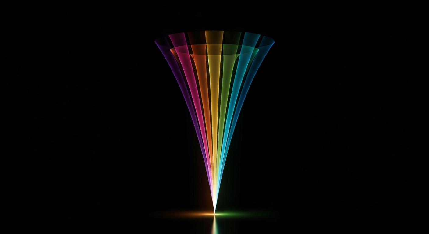 Multi-channel legal marketing funnel with converging light streams representing SEO, PPC, social media and email