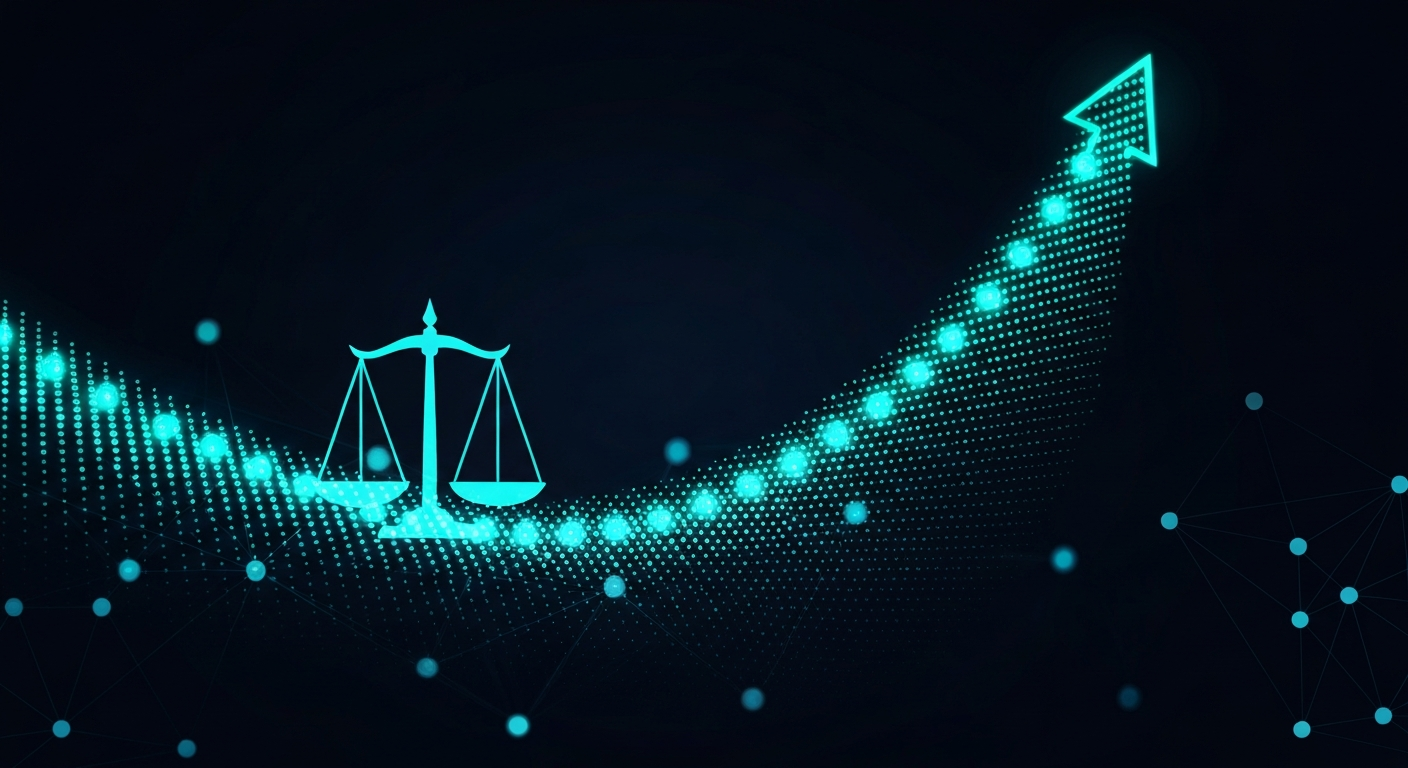 Abstract data visualization of law firm search rankings ascending with glowing teal nodes on dark background
