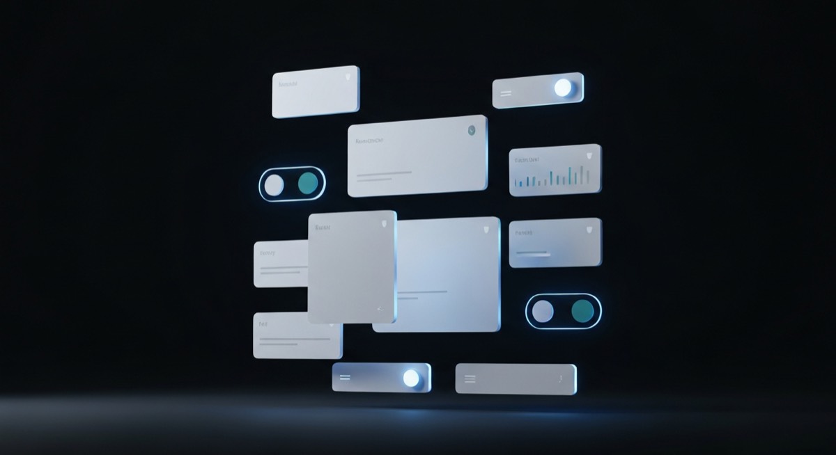 Floating UI components assembling into a complete law firm application, representing no-code app building