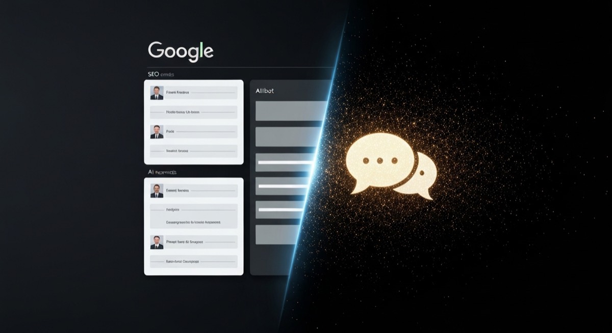 Traditional search results transforming into AI-generated response interface, representing the shift from SEO to AI search
