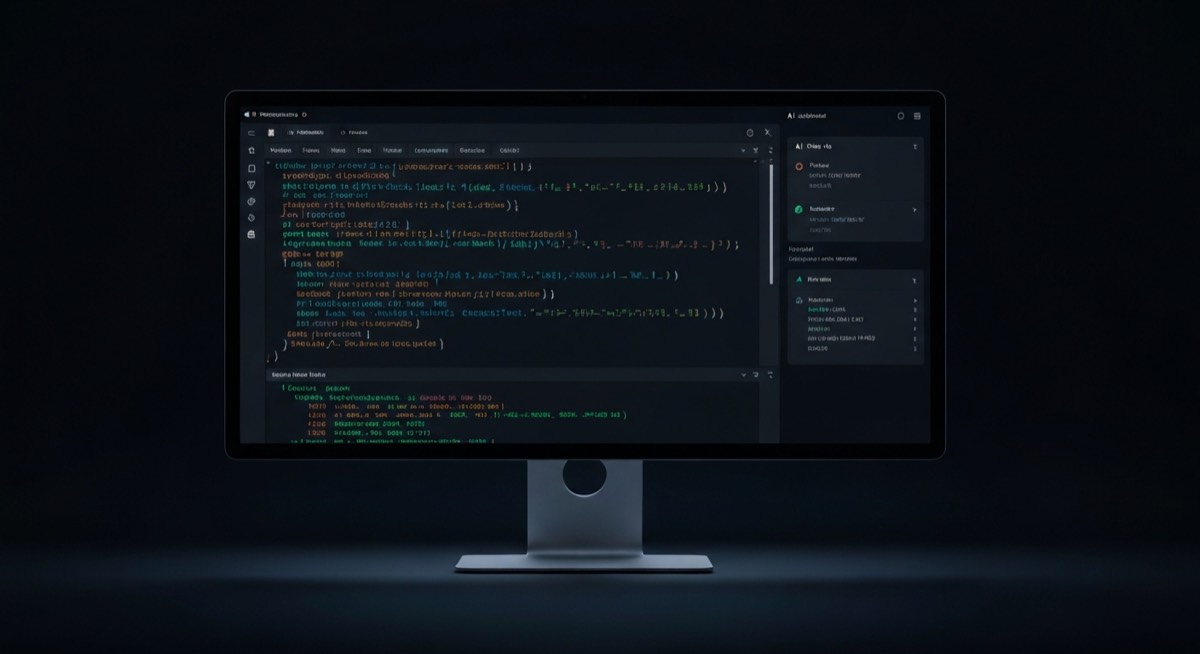 Premium dark IDE with glowing syntax highlighting and AI assistant chat panel for the Claude Code for Marketers course
