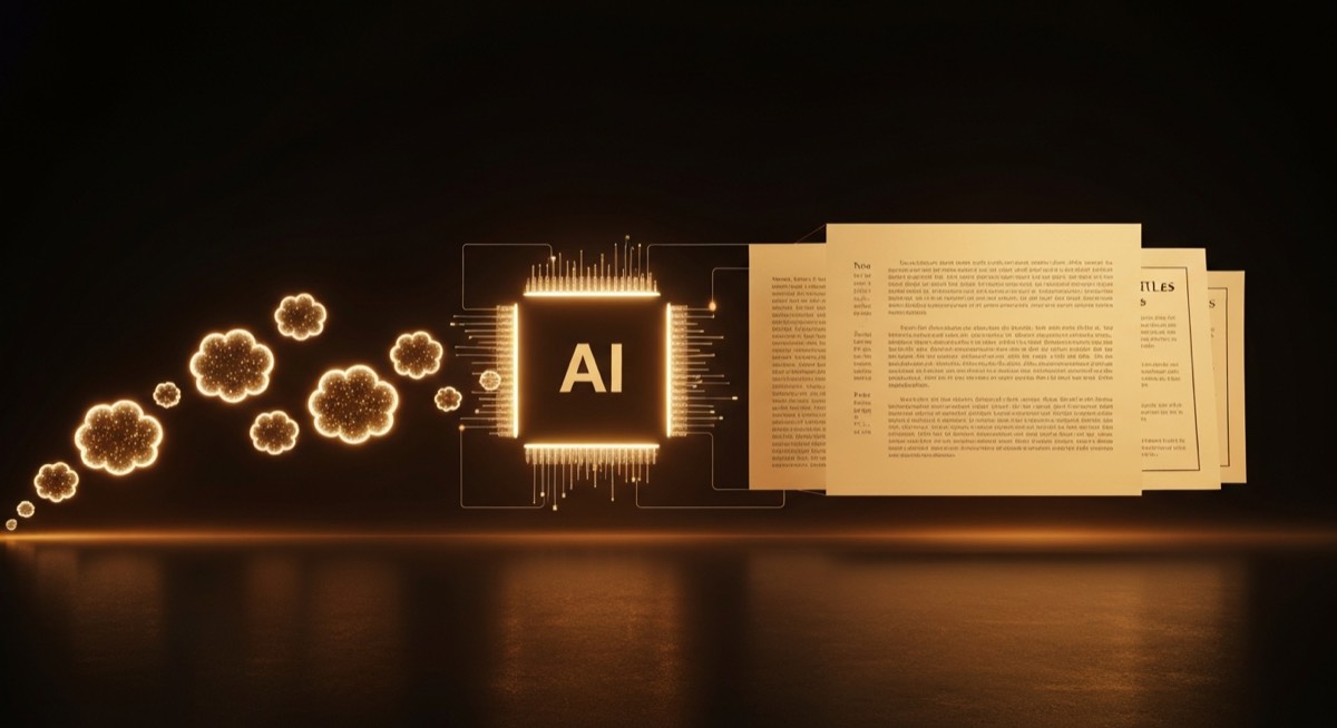 Abstract AI content pipeline with ideas flowing through transformation process into polished legal marketing articles