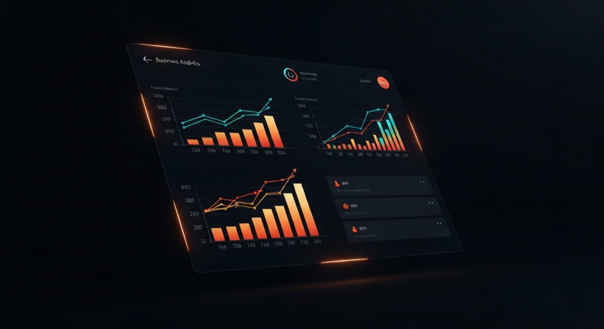 Premium analytics dashboard with floating charts and law firm marketing metrics in dramatic dark lighting